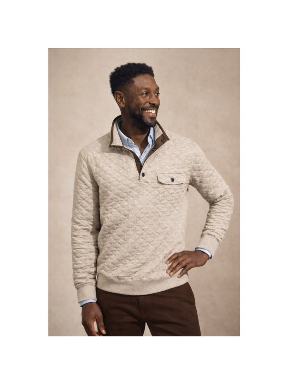Faherty Men's Epic Quilted Fleece Pullover Size Medium Oatmeal Tan
